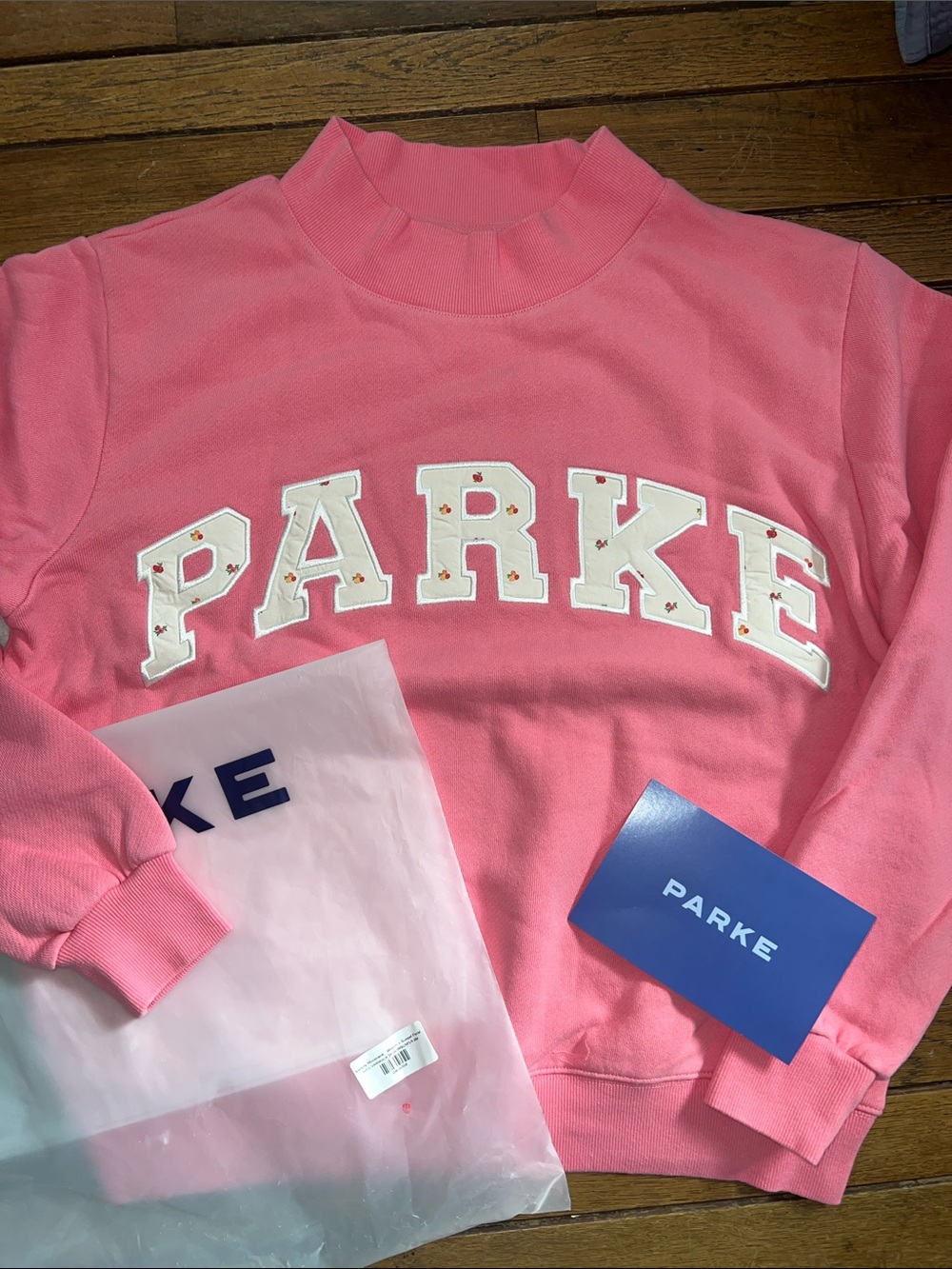 PARKE Bloom Pink Varsity Heritage Mockneck Sweatshirt Size S/M New In Bag NWT